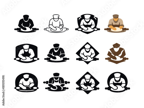 Baker Logo Variations. A baker kneading dough by hand on a flour-covered surface. Icon set. Set Logo of a baker kneading dough by hand on a flour-covered