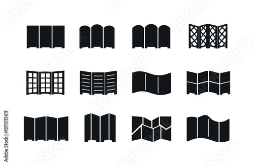 Folding Screen Icons. Folding screen shapes. Solid icon set of folding screen shapes: rectangular panel, arched top panel, rounded panel, lattice panel, grid