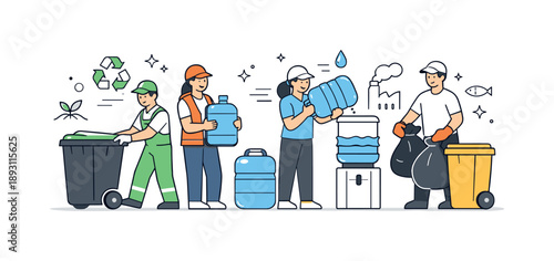 Community Waste Solutions. Water treatment and waste management solutions. Community workers handling waste bins and water containers with organized movements