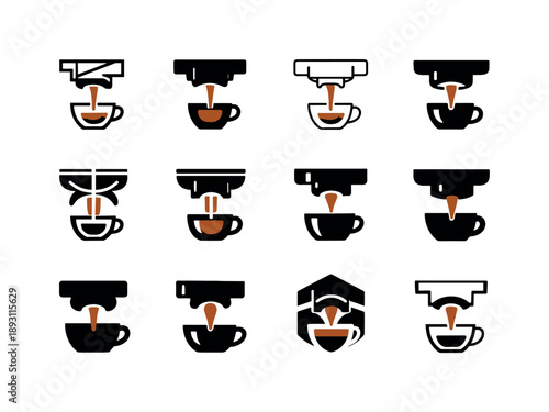 Espresso Icon Variations. Espresso shots. Icon set. Set Logo of espresso shots: espresso extraction flow. harmonious logo variations of the same emblematic