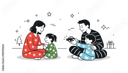 Cozy Family Time. Wearing holiday pajamas family time. Parents and kids sitting on the floor in pajamas, chatting or playing quietly. Cozy bonding and festive