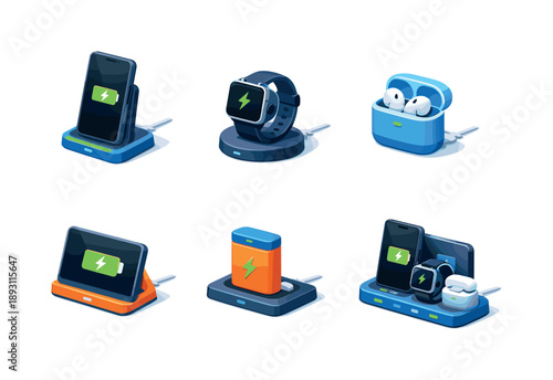 Device Charging Icons. Device charging. Isometric flat vector icons set of device charging: smartphone charging station, smartwatch charging dock, earbuds
