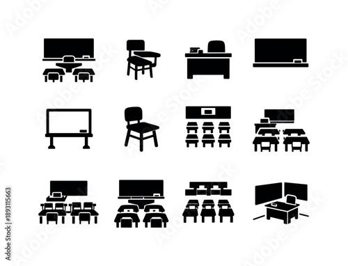 School Classroom Icons. School Classroom. Solid icon set of School Classroom: classroom interior, student desks, teacher desk, chalkboard,