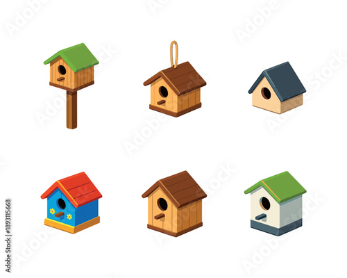 Colorful Birdhouses Grid. Outdoor. Isometric flat vector icons set of outdoor: pole-mounted birdhouse, hanging wooden birdhouse, minimal outdoor bird home,