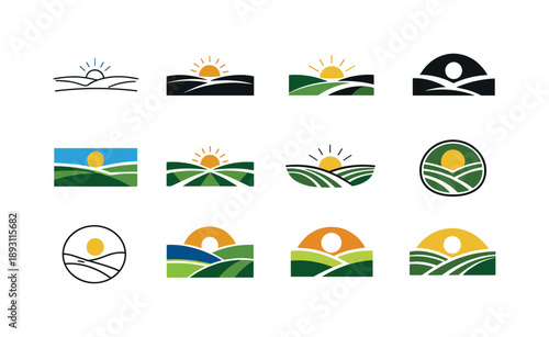 Diverse Field Logos. Open Field. Icon set. Set Logo of Open Field: wide grassland horizon. harmonious logo variations of the same emblematic concept, each with