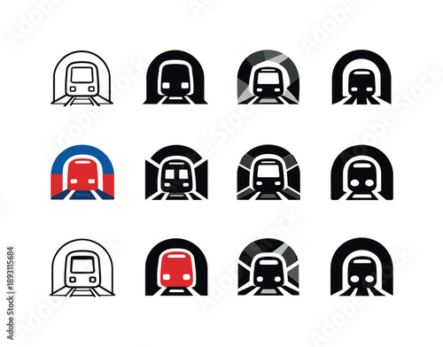 Metro Icon Variations. Metro. Icon set. Set Logo of metro: underground train front view in tunnel. harmonious logo variations of the same emblematic concept,