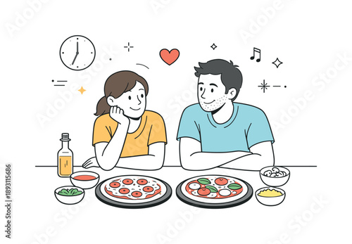 Cozy Pizza Preparation. Weekend pizza ritual. Homemade pizzas ready for the oven, relaxed posture and calm smiles suggesting comfort and shared routine.