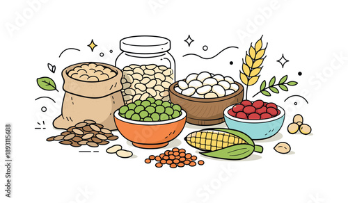 Wholesome Grains & Legumes. Grains and legumes. Assorted grains and beans arranged neatly in a clean still life composition. Natural and wholesome food mood