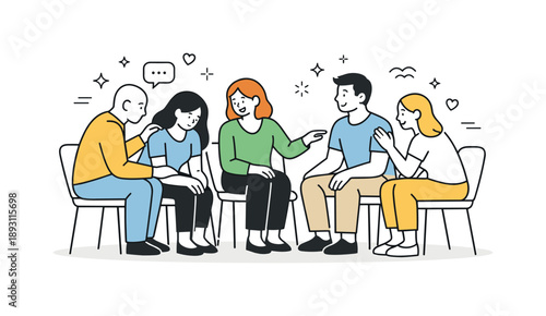 Supportive Group Connection. Group counseling emotional support. Participants offering reassurance with gentle gestures and attentive body language. Empathy,