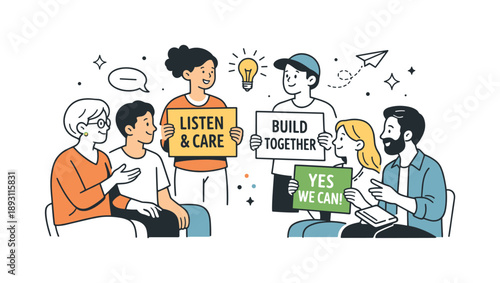 Community Advocacy Poster. Community Advocacy. Editorial-style poster scene of people calmly discussing and sharing ideas, holding simple placards with short