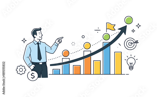 Business Growth Illustration. Business revenue increase. Manager pointing at an upward graph with clear milestones, clarity and positive momentum. Abstract