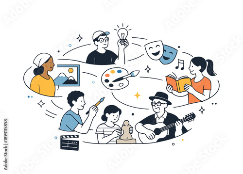 Harmony Through Art. Art strengthening community bonds. A symbolic scene of diverse people connected by shared artworks or creative symbols. Calm harmonious