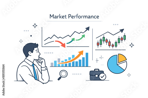 Financial Market Overview. Market performance overview. Graphs and arrows showing price movement over time, observed by a focused professional. Clear financial