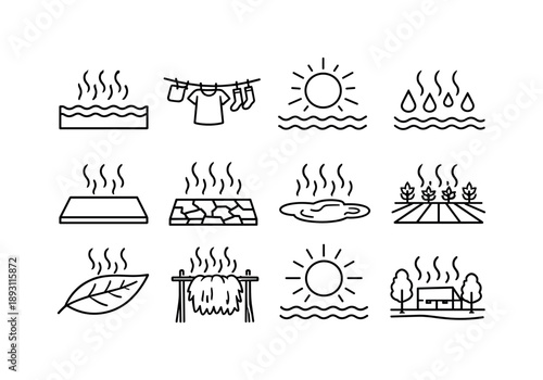 Natural Evaporation Icons. Natural evaporation examples. Line icon set of Natural evaporation examples: lake evaporation, wet clothes drying, sun over ocean,