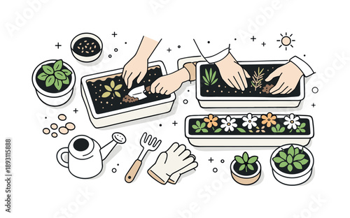 Urban Balcony Gardening. Balcony gardening people. A top-down view of hands planting and arranging balcony plants in containers, emphasizing routine,