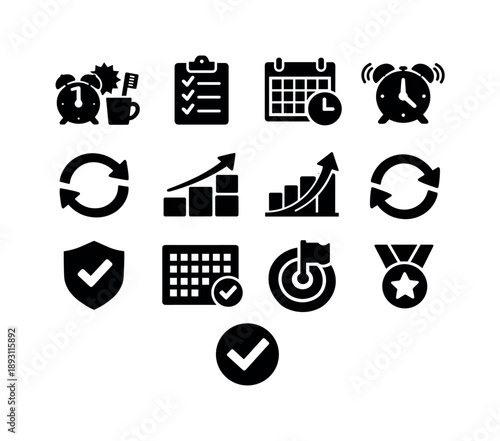 Daily Routine Icons. Daily Routine Building. Solid icon set of Daily Routine Building: morning routine, habit checklist, calendar schedule, alarm trigger,