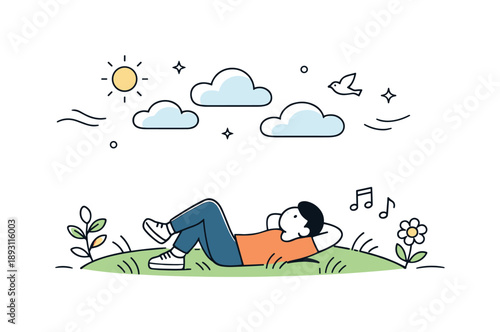 Mindful Outdoor Relaxation. Slow living outdoors. A person lying on the grass, watching clouds and listening to nature. Mindfulness, rest, and connection with