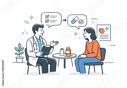 Healthcare Consultation Scene. Healthcare consultation room. A doctor and patient sitting face to face, discussing treatment options in a relaxed setting.