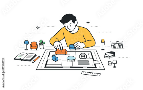 Modern Interior Planning. Modern interior planning scene. A designer arranging furniture on a floor plan with small icons of chairs, tables, and lamps. Focused