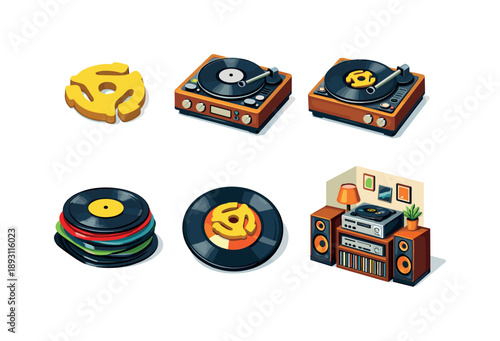 Retro Audio Icons. Retro Audio. Isometric flat vector icons set of Retro Audio: vintage vinyl adapter, old record player, adapter on retro turntable, colorful