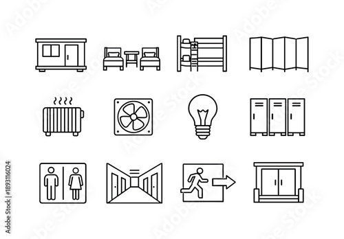 Temporary Housing Icons. Temporary Housing. Line icon set of Temporary Housing: modular shelter unit, shared dorm room, bunk beds, privacy divider, heating