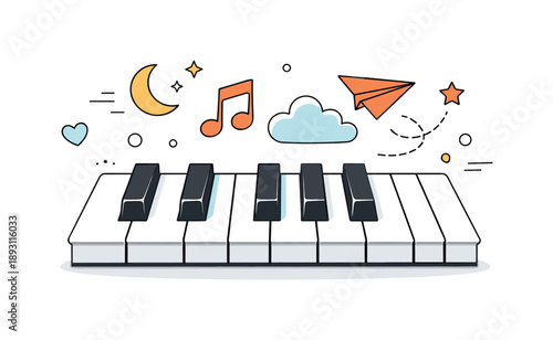 Melodic Abstract Piano. Piano keys close-up ? creative inspiration. Close-up of piano keys with abstract shapes floating above, symbolizing melody