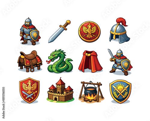 Dobrynya Nikitich Icons. Dobrynya Nikitich. Colorful isometric vector icons set of Dobrynya Nikitich: bogatyr hero, long sword, decorated shield, warrior