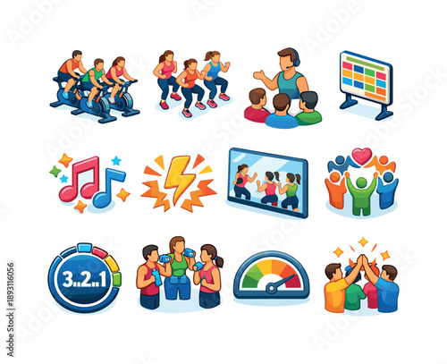 Group Fitness Icons. Group fitness class. Colorful isometric vector icons set of Group fitness class: group riders cycling, synchronized workout, instructor