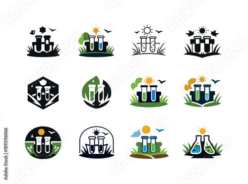 Backyard Science Icons. backyard science experiments. Icon set. Set Logo of backyard science experiments: test tubes outdoors. harmonious logo variations of