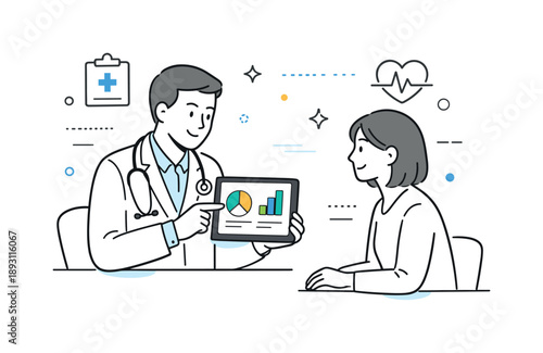 Calm Medical Consultation. Hospital visit consultation. Doctor explaining information to a patient using a tablet and simple charts, calm and attentive