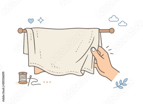 Linen Texture Display. Linen fabric textures. A person gently touching a piece of linen fabric hanging from a rod, capturing tactile detail, softness, and
