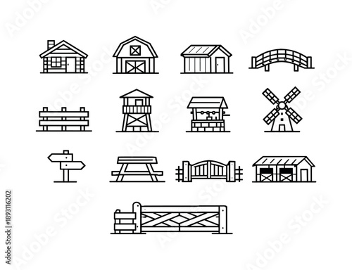 Valley Structures Icons. Valley structures. Line icon set of Valley structures: cabin, barn, shed, small bridge, wooden fence, lookout tower, stone well,
