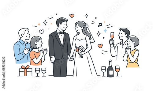 Joyful Wedding Scene. Wedding celebration. Newlyweds standing together, smiling and holding hands while guests watch happily. Warm joy and elegant festive