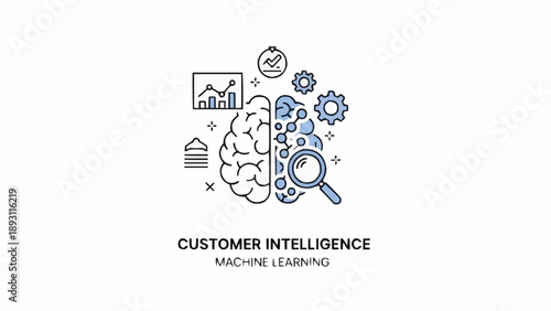 Brain with gears and magnifying glass.