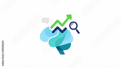 Brain with graph and magnifying glass.