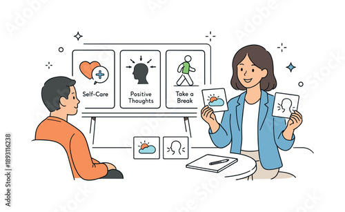 Therapist's Gentle Guidance. Therapy session guidance. Therapist explaining coping strategies using simple diagrams or cards. Clear communication and gentle