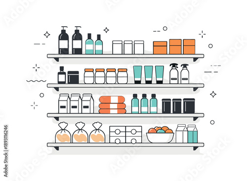 Organized Retail Display. Store shelf with organized products. A neatly arranged retail shelf displays products in clean rows, showing order and visual