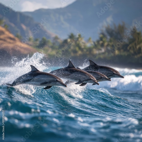 Wallpaper Mural Dolphins Jumping in Turquoise Ocean Water with Tropical Island Backdrop Torontodigital.ca