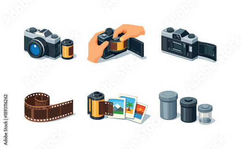Analog Photography Icons. Analog photography. Isometric flat vector icons set of analog photography: film roll beside camera, hand loading film roll, camera