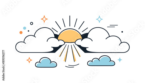 Sunlit Cloudscape. Sunshine and clouds editorial illustration. Clean sky scene where clouds open slightly to let sunlight pass through, creating a warm and