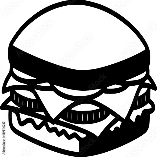 Burger Icon: Simple monochrome line art depicts a delicious burger, capturing the essence of a classic American meal.