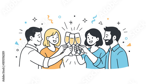 Champagne Celebration Cheers. Cheering with champagne celebration. Group of adults clinking glasses with light confetti shapes around. Joyful atmosphere and