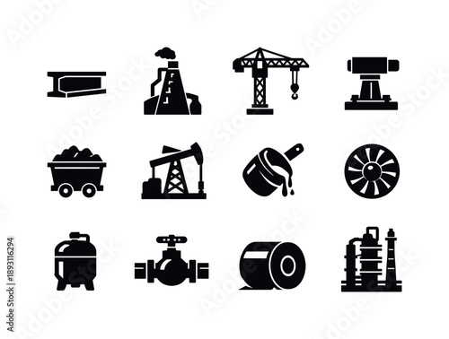 Heavy Industry Icons. Heavy industry. Solid icon set of heavy industry: steel beam, blast furnace, crane tower, industrial hammer, mining cart, drilling rig,