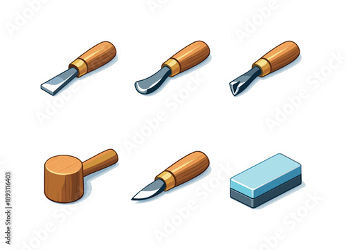 Wood Carving Tools. Wood carving tools. Isometric flat vector icons set of wood carving tools: carving chisel, wood gouge, V-parting tool, wooden mallet,