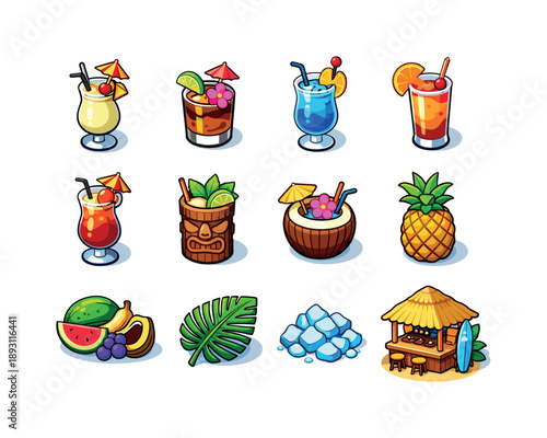 Tropical Cocktail Icons. Tropical cocktails. Colorful isometric vector icons set of Tropical cocktails: pina colada, mai tai, blue lagoon drink, tequila