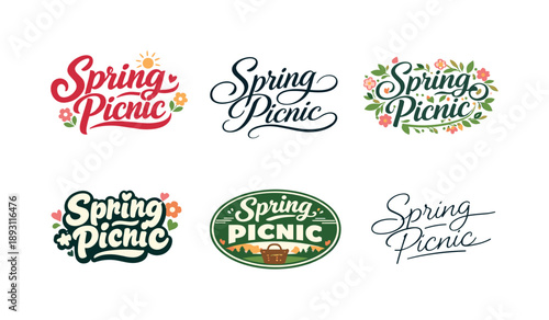 Spring Picnic Lettering. Spring Picnic. Set lettering. harmonious lettering variations of the same emblematic concept, each with different artistic