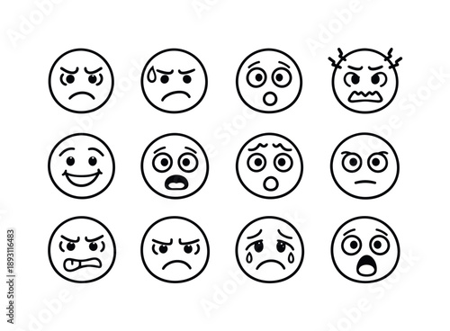 Anxiety Icon Set. Anxiety expression. Line icon set of Anxiety expression: worried face, furrowed brows, tense mouth, nervous eyes, sweat bead, stress face,