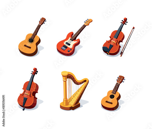 Vibrant String Instruments. String Instruments. Isometric flat vector icons set of string instruments: classical guitar, electric bass, violin, cello, harp,
