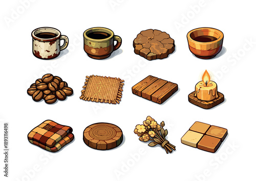 Rustic Coffee Icons. Rustic coffee aesthetics. Colorful isometric vector icons set of rustic coffee aesthetics: distressed mug, hand-thrown pottery cup, rough