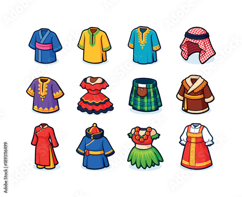 Traditional Garments Icons. Traditional garments. Colorful isometric vector icons set of traditional garments: yukata, kurta, kaftan, keffiyeh, boubou robe,